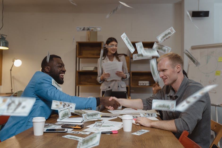 Two friends exchanging money — refer-a-friend bonus illustration